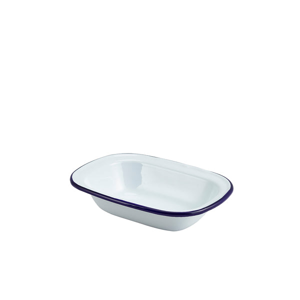 Enamel Rect. Pie Dish White & Blue 18cm pack of 12