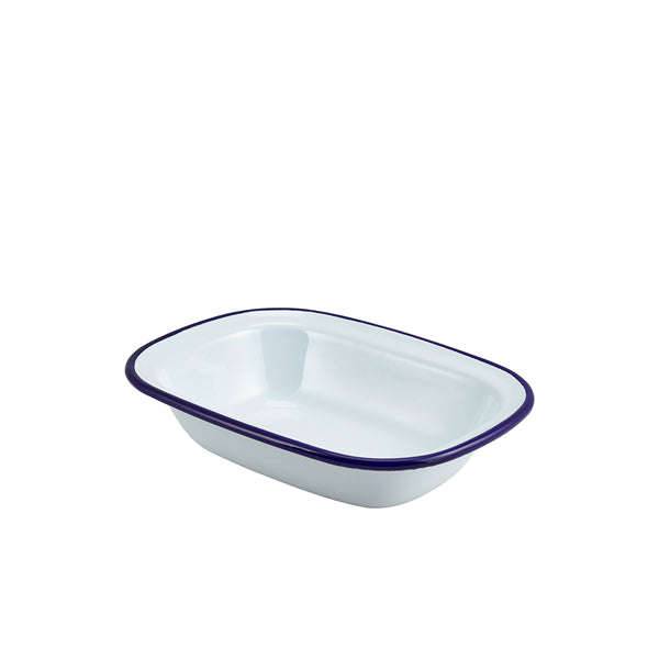 Enamel Rect. Pie Dish White & Blue 20cm pack of 12