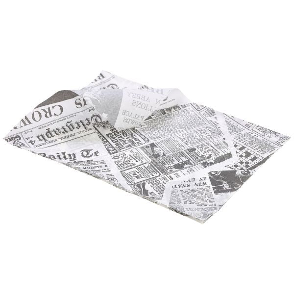 Greaseproof Paper White Newspaper Print 25 x 35cm pack of 1