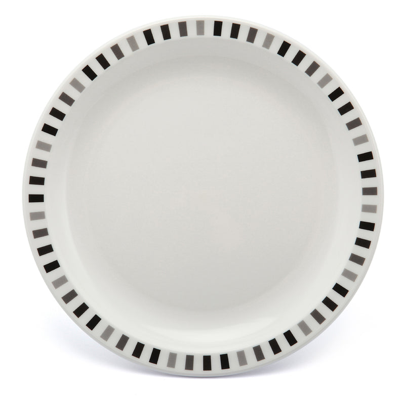 17cm white plate with a patterned rim. Ideal for snacks, lunches, sides or desserts. Made from virtually unbreakable polycarbonate
