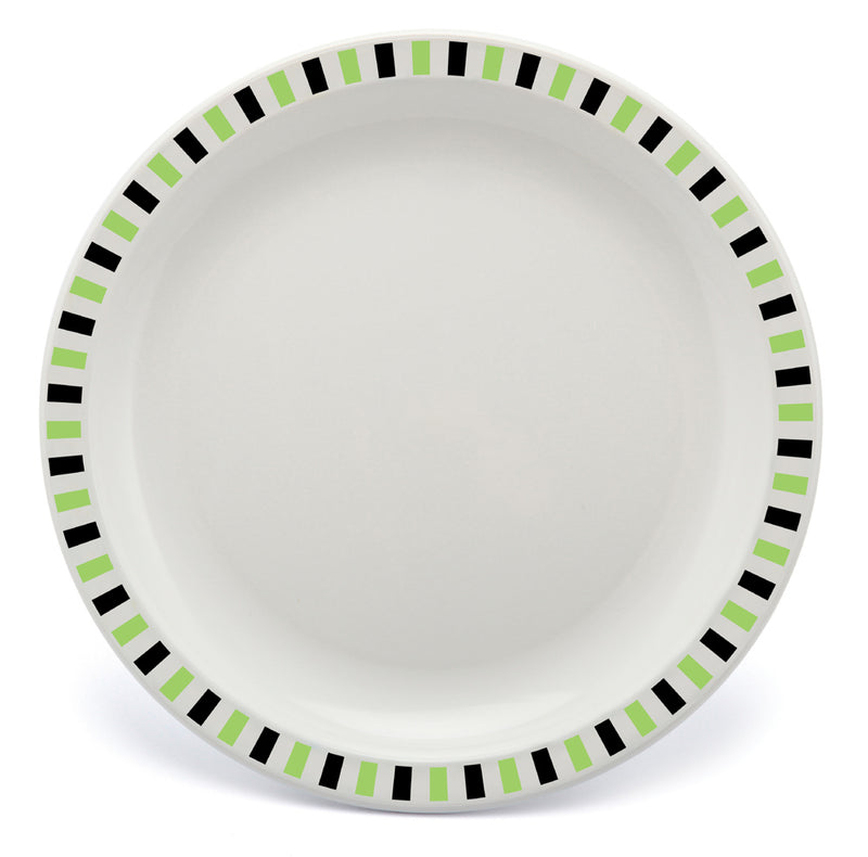 17cm white plate with a patterned rim. Ideal for snacks, lunches, sides or desserts. Made from virtually unbreakable polycarbonate