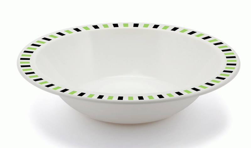 17.3cm white bowl with a patterned rim. Ideal for soup, cereal, desserts, etc. Made from virtually unbreakable polycarbonate