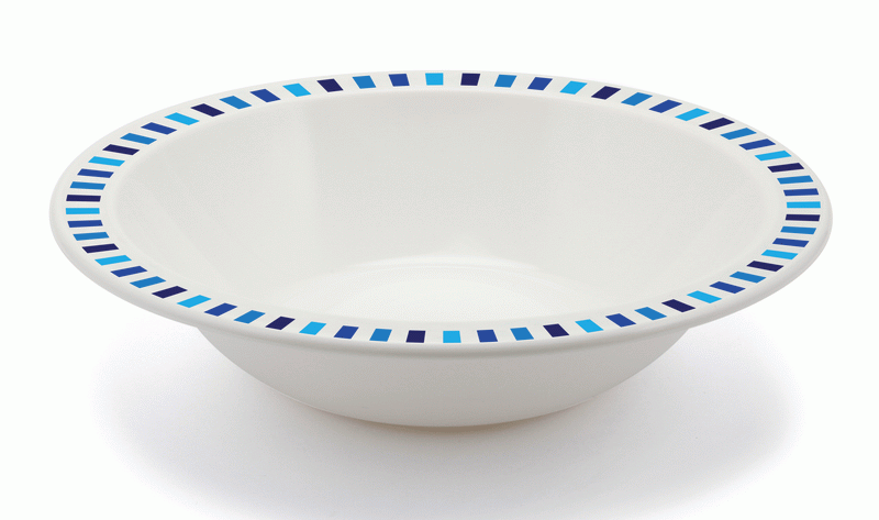 17.3cm white bowl with a patterned rim. 400ml capacity. Ideal for soup, cereal, desserts, etc. Made from virtually unbreakable polycarbonate