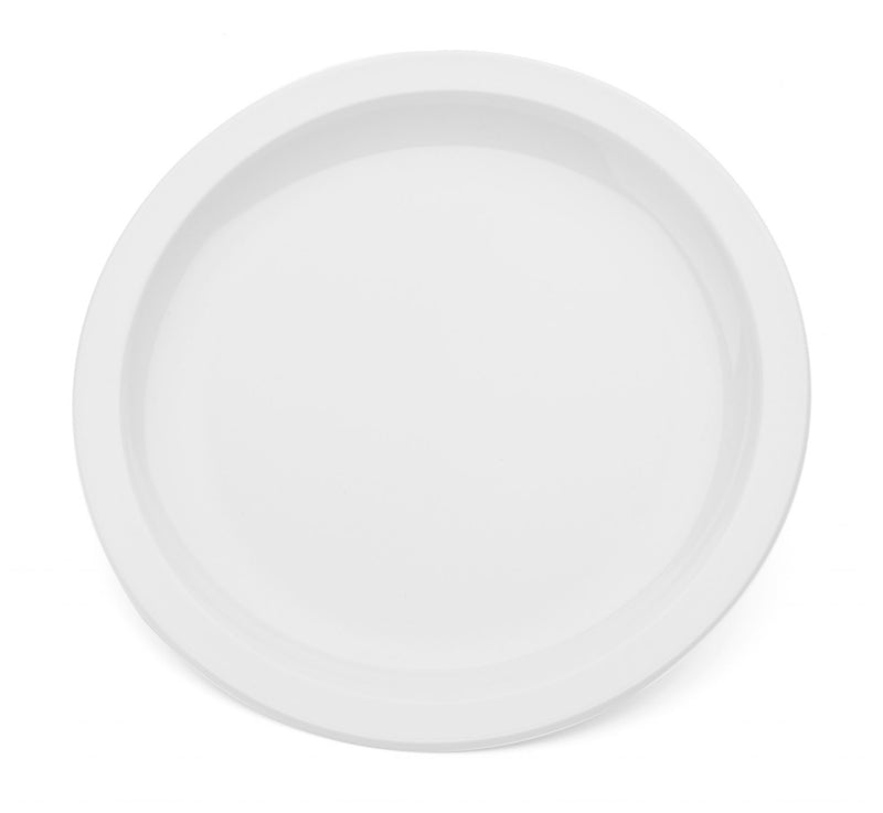 White 23cm hi heat dinner plate with textured surface and narrow rim. Made from virtually unbreakable polycarbonate.  Safe to use with temperatures up to 140°C. Designed to use with leading manufacturers’ hot trolley systems