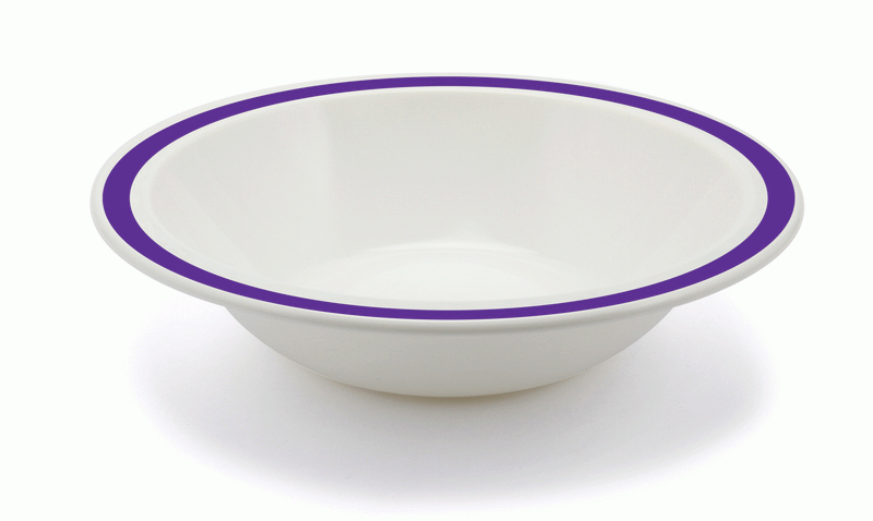 17.3cm white bowl with a solid colour rim. Ideal for soup, cereal, desserts, etc. Made from virtually unbreakable polycarbonate