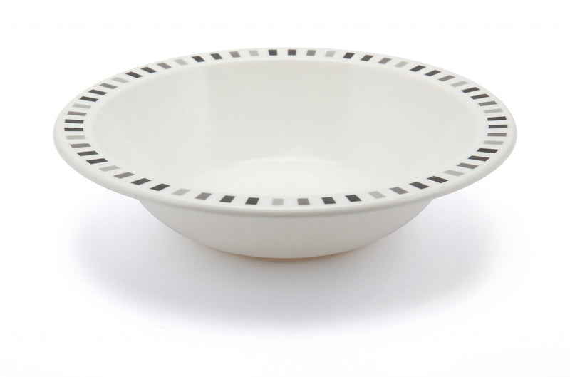 15cm white bowl with a patterned black & grey stripe rim. Ideal for soup, cereal, desserts, etc. Made from virtually unbreakable polycarbonate