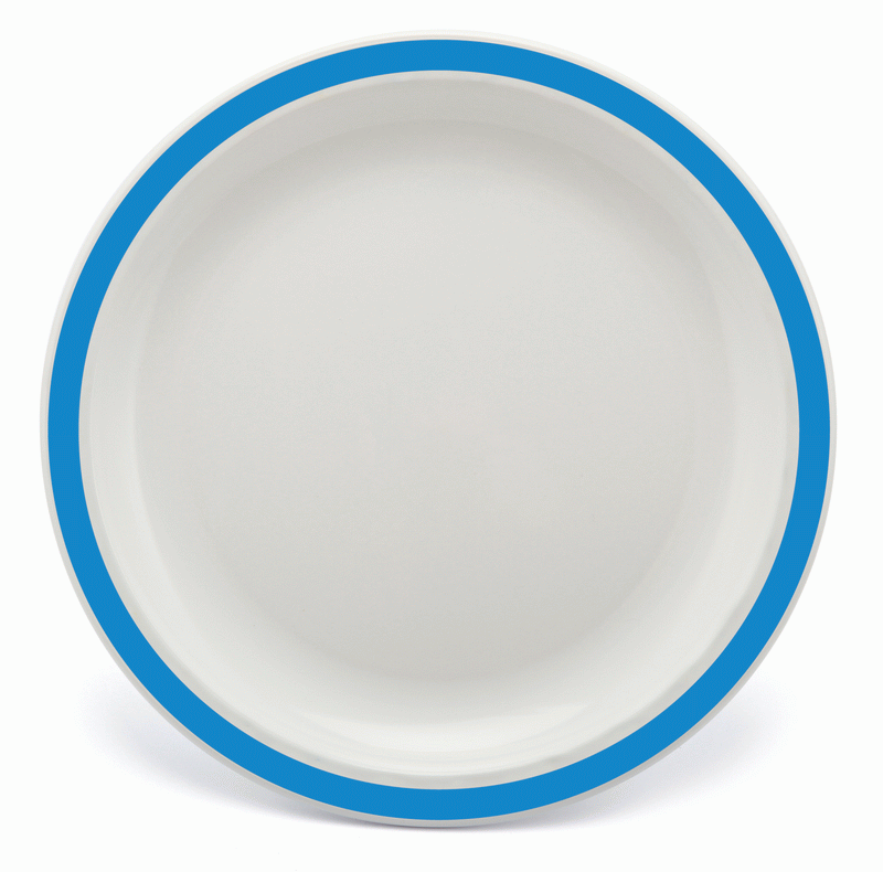 23cm polycarbonate white dinner plate with a coloured rim