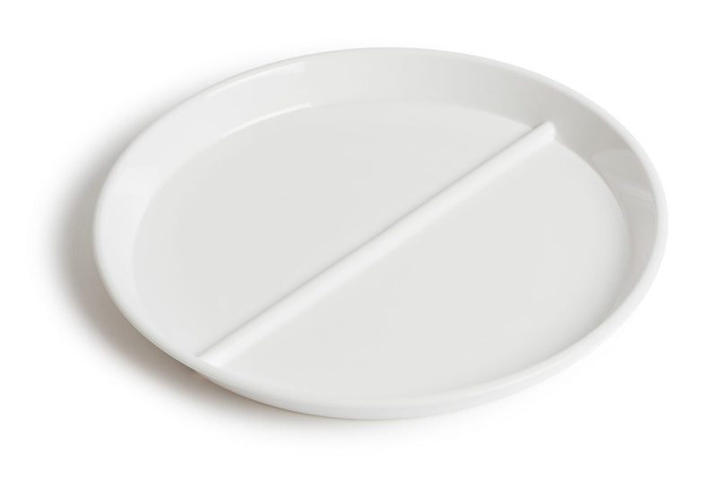 2 compartment 23cm white plate made from virtually unbreakable polycarbonate. Split into 2 equal sections, perfect for keeping different foods separate, portion control or to use as sharing platters.  Harfield