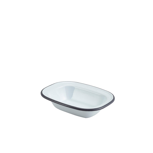 Enamel Rect. Pie Dish White with Grey Rim 16cm (Box of 12)