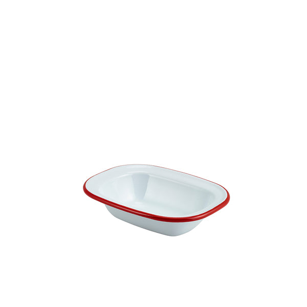 Enamel Rect. Pie Dish White with Red Rim 16cm pack of 12
