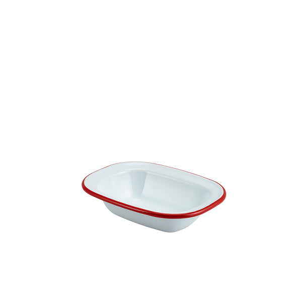 Enamel Rect. Pie Dish White with Red Rim 16cm (Box of 12)