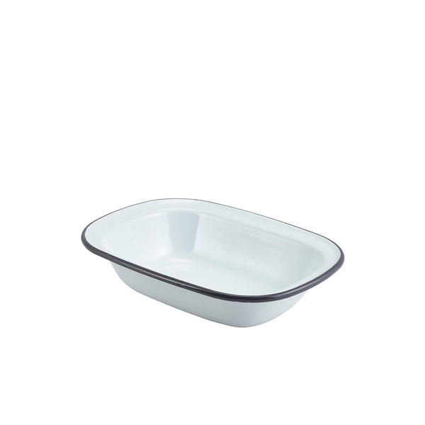 Enamel Rect. Pie Dish White with Grey Rim 20cm (Box of 12)