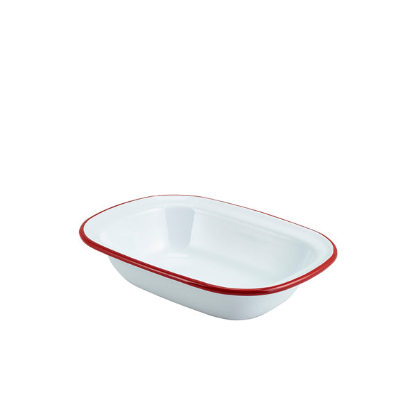 Enamel Rect. Pie Dish White with Red Rim 20cm (Box of 12)