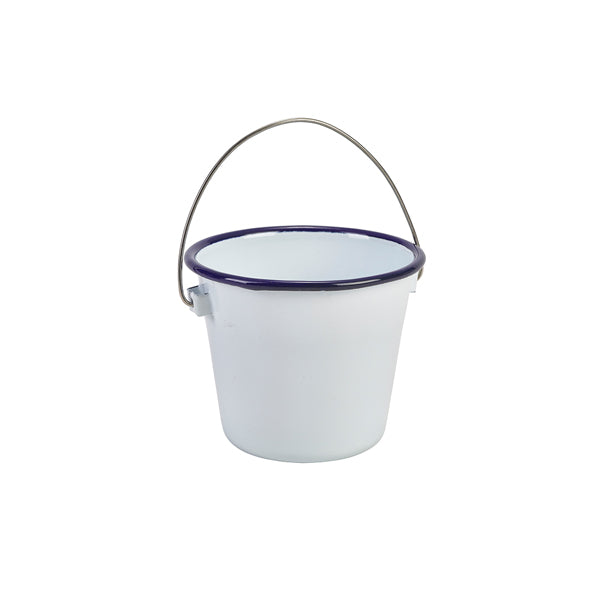 Enamel Bucket White with Blue Rim 10cm Dia (Box of 4)