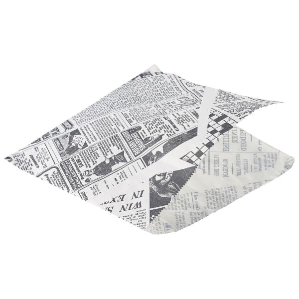 Greaseproof Paper Bags White Newspaper Print 17.5 x 17.5cm pack of 1