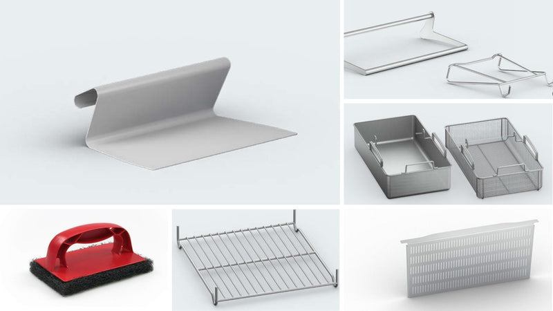 Accessories Pack, includes: (2) boiling baskets, (2) pan base grids, (1) scraper, (1) colander, (1) raising arm, (1) cleaning sponge